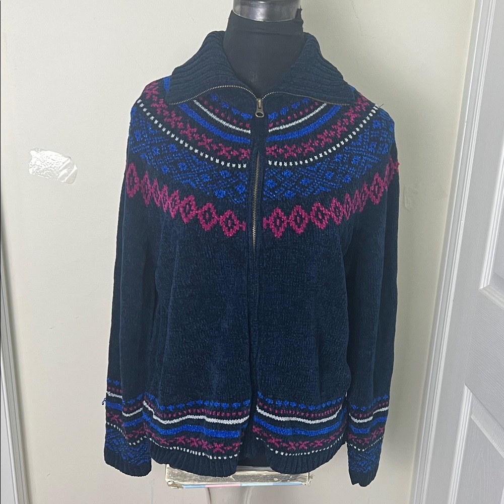 Vintage Korea Fair Isle Navy Blue Zip-Up Sweater with Pink and Blue Patterns
